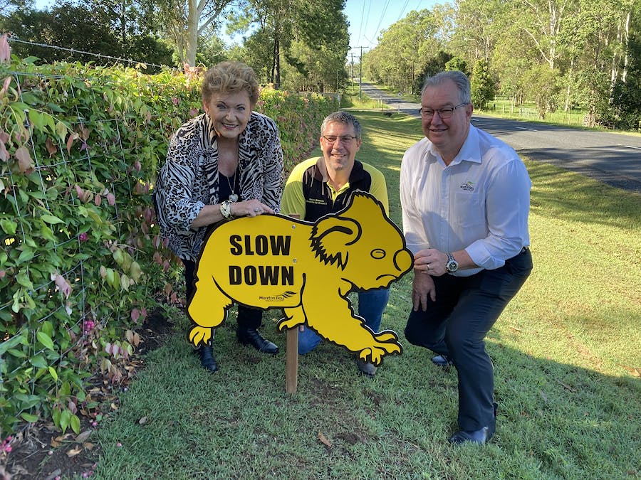 Cr Yvonne Barlow Cr Darren Grimwade Mayor Peter Flannery Koala Sign Moreton Bay Region Cr Yvonne Barlow Cr Darren Grimwade Mayor Peter Flannery Koala Sign Moreton Bay Region